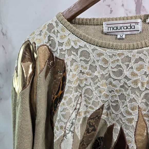 Vintage Sweater Womens Large 80s 90s Batwing Lace Leather Leopard Gold Metallic - Picture 2 of 11